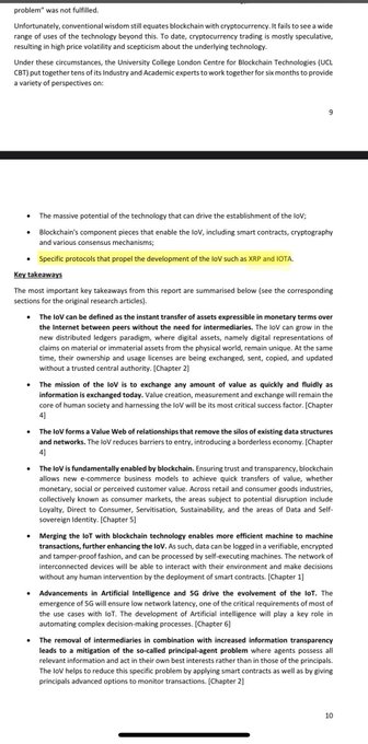 The image shows page 10 of a document titled "XRP AND IOTA," featuring sections on blockchain technology, key takeaways about IoV (Internet of Value), and highlights of XRP and IOTA. The page discusses how blockchain enables asset transfers, data structures, machine transactions, and 5G development.