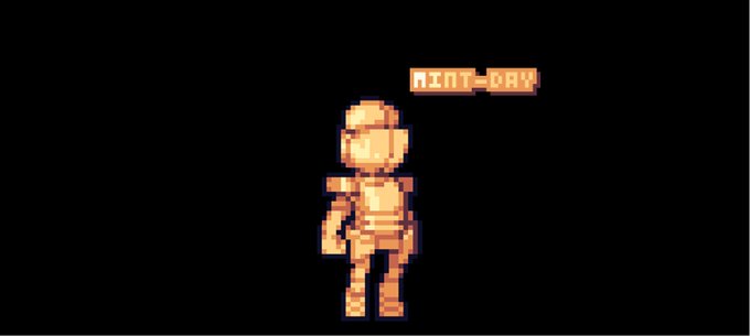 A pixelated orange robot-like character stands against a black background with "MINT-DAY" displayed in blocky orange text. The retro 8-bit style graphic promotes the Hoodnodez NFT mint event, as referenced in the accompanying post detailing today's September 4th mint schedule with allowlist and public sale tiers.