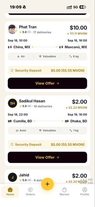 A mobile app screenshot showing delivery offers including "Phat Tran" for $10.00 from China, MX to Maxcanú, MX and "Sadikul Hasan" for $2.00 from Cumilla, BD to Dhaka, BD.