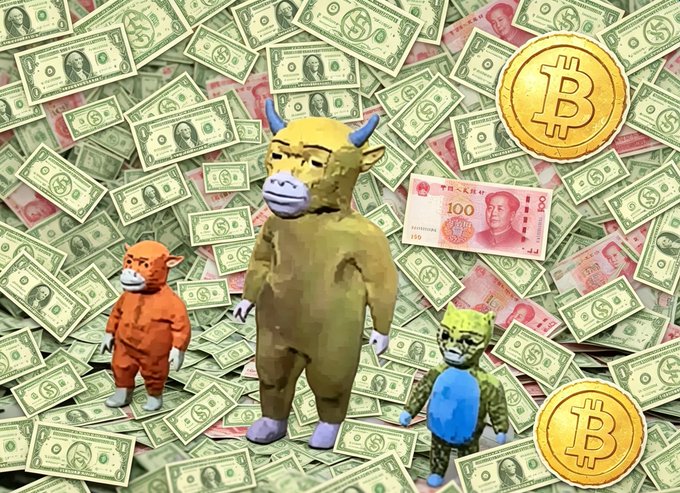 Three plush figures—a yellow horned bull, an orange bear, and a green Frankenstein-like character—stand amid a scattered pile of US dollar and Chinese yuan banknotes, with two gold Bitcoin tokens placed nearby, visually reinforcing the post's message "ALL MONEY BACK MY HOME" by symbolizing the desire to bring all forms of wealth (traditional currencies and crypto) back home.