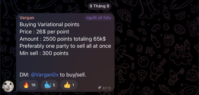 A Discord message from user "Vargan" dated "9 Tháng 9" advertises the buying of Variational points at 26$ per point, specifying a total of 2500 points and a minimum sell of 300 points.