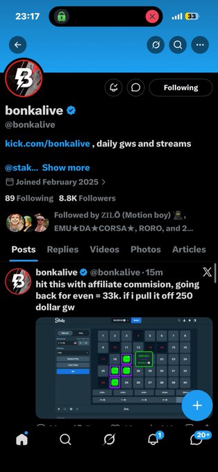 The image shows a screenshot of BonkAlive's Twitter/X profile, featuring a promotional post for a Stake casino raffle where buying an entry at 33k could win 250 dollars, with the tweet containing a Solana wallet address (BakyXRTtW2cdivHrqoENQhSfaMjGLRgDudV8QSBGcKNf) for prize distribution.