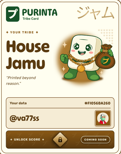 The image shows a poster for Purinta Tribe Card, which features a cartoon character holding a bag of money with a smiley face. The poster also includes text that reads "Your Tribe House Jamu" and "Printed beyond reason". The poster is displayed on a white background, making the cartoon character stand out prominently.