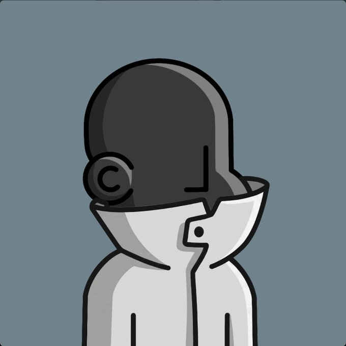 A cartoon-style illustration of a figure wearing a dark gray full-face helmet and a white hooded jacket against a muted blue-gray background.