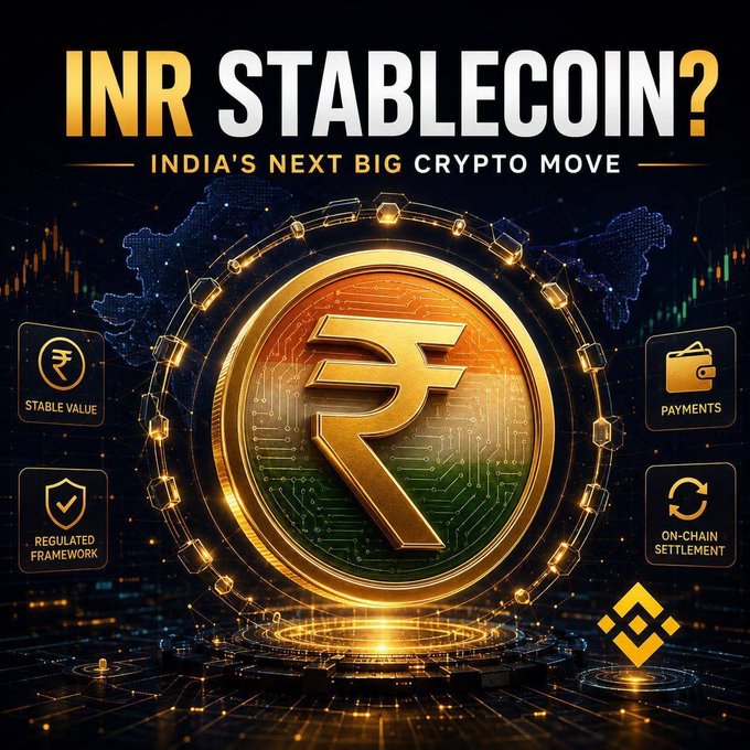 Promotional graphic titled 'INR STABLECOIN? INDIA'S NEXT BIG CRYPTO MOVE' featuring a large gold Indian Rupee coin with a circuit-board pattern and the tricolor of the Indian flag, flanked by icons for 'Stable Value,' 'Regulated Framework,' 'Payments,' and 'On-Chain Settlement.'