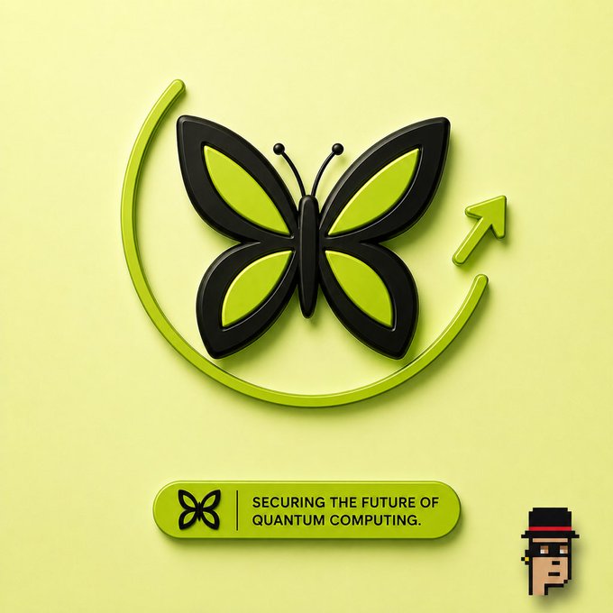The image features a stylized 3D butterfly logo in black and neon green encircled by an upward-pointing green arrow, accompanied by a banner reading "SECURING THE FUTURE OF QUANTUM COMPUTING."—visually reinforcing the post's message about @quipnetwork building a foundational, forward-moving infrastructure that bridges decentralized and post-quantum compute to power the next tech era.