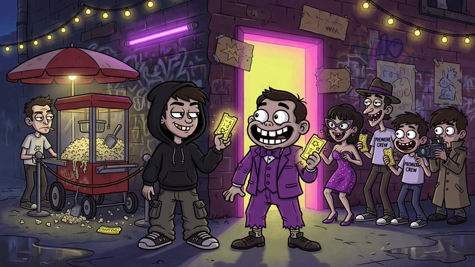 A cartoonish scene shows a lively street at night with a popcorn cart on the left and a group of excited fans holding up "MEMECOIN CREW" tickets and yellow slips, eagerly entering a glowing pink doorway, while a hooded figure shows a golden ticket to a smiling man in a purple suit at the entrance. The image visually captures the exclusive, hype-driven atmosphere described in the post about a hidden, redacted game announcement for true "degens" and real fans.