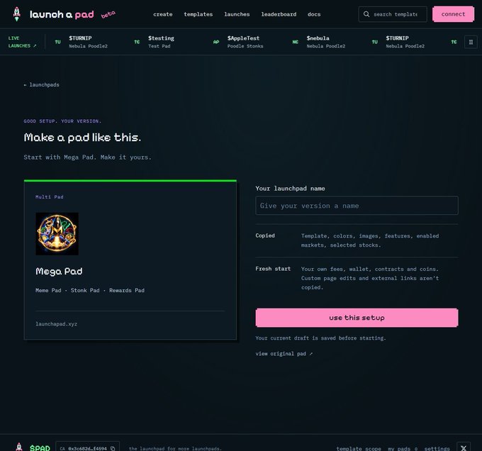 A screenshot of the launch a pad website showing a template selection screen with a "Multi Pad" template featuring a circular logo, and a pink "use this setup" button on a dark interface.