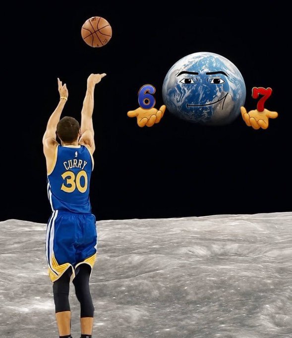 A photo composite shows Stephen Curry in jersey #30 shooting a basketball on the moon while Earth displays numbers '6' and '7' with cartoon hands.