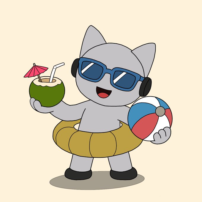 A cartoon illustration of a gray cat wearing blue sunglasses, holding a coconut drink with a pink umbrella in one hand and a beach ball in the other, wearing a yellow floatation ring.