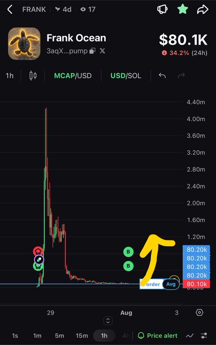 A mobile cryptocurrency chart showing the Frank Ocean (FRANK) token priced at $80.1K with a 24-hour decline of 34.2%, featuring a prominent yellow arrow pointing to the order book.