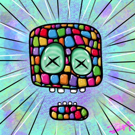 A colorful pop-art style skull with a mosaic pattern, X-shaped green eyes, and a separate set of teeth floats against an iridescent holographic background.