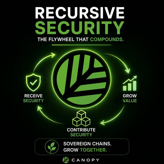 The image is a promotional graphic titled "RECURSIVE SECURITY: THE FLYWHEEL THAT COMPOUNDS," featuring a circular diagram with three interconnected stages—Receive Security, Contribute Security, and Grow Value—arranged around a central logo. It relates to the accompanying post by illustrating Canopy's (@CNPYNetwork) recursive security model, where new appchains can receive shared security initially, eventually contribute back as they grow, and thereby increase overall value, with the tagline "SOVEREIGN CHAINS. GROW TOGETHER."