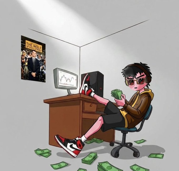 An anime-style illustration of a young man in a brown hoodie counting cash with his feet up on a desk, surrounded by money, with a 'THE WOLF OF WALL STREET' poster on the wall.