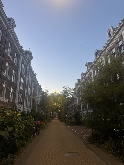 A tranquil street view at dawn or dusk lined with traditional European brick buildings, with a small moon visible in the clear blue sky above a brick-paved pedestrian path.