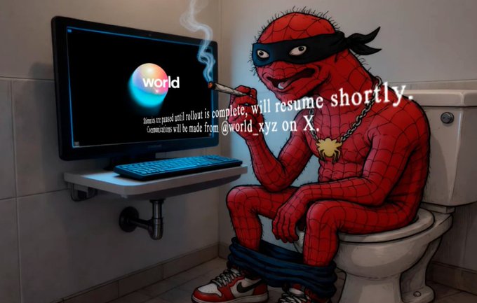 An AI-generated illustration shows a Spider-Man character sitting on a toilet in a bathroom, smoking a cigar while a wall-mounted monitor displays the 'world' logo with text about a rollout pause and a message to follow '@world_xyz on X', overlaid with 'will resume shortly.'