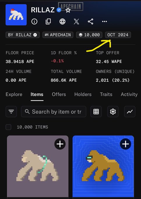 A screenshot of the RILLAZ NFT collection page on APEChain, showing a floor price of 38.9418 APE, a top offer of 32.45 APE, and 10,000 items from October 2024.