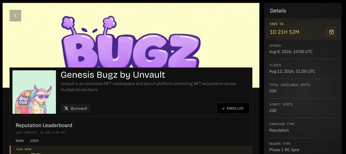 Screenshot of a "Genesis Bugz by Unvault" NFT campaign page showing enrollment details, with 1D 21H 52M remaining, 200 total spots, and an "ENROLLED" button.