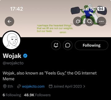 A Twitter profile page displays a cartoon character lifting weights, accompanied by a quote and a list of followers.