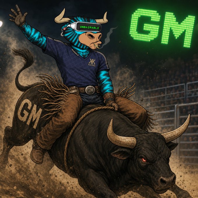 A bullish figure in VR goggles and a jersey rides a charging black bull with "GM" branded on its flank, beneath a glowing green "GM" sign—visually echoing the "Gm to all the bulls" rallying cry of optimism and bullish market momentum.
