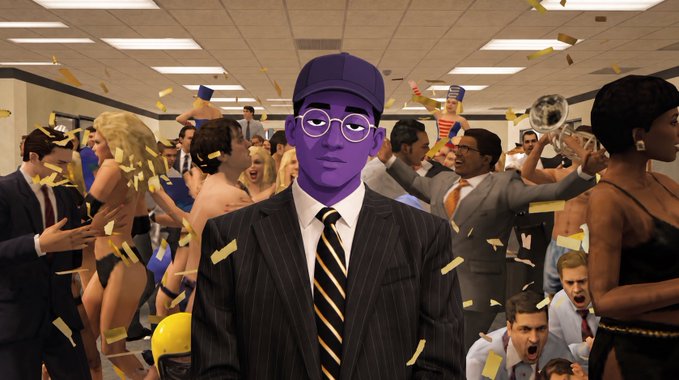 A purple-skinned man in a black pinstripe suit and glasses stands stoically amid a chaotic office party with confetti falling, cheerleaders, and a tuba player in the background.