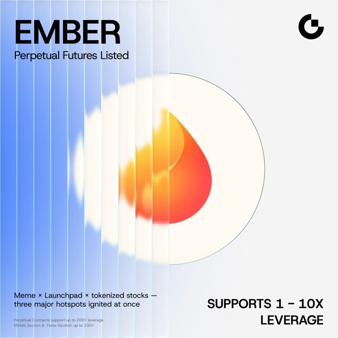 The image is a promotional graphic for $EMBER, titled "Perpetual Futures Listed," featuring an orange flame-shaped logo with text highlighting "Meme × Launchpad × tokenized stocks — three major hotspots ignited at once" and noting it supports 1–10X leverage, with perpetual contracts supporting up to 200+ leverage in metals and forex sections.