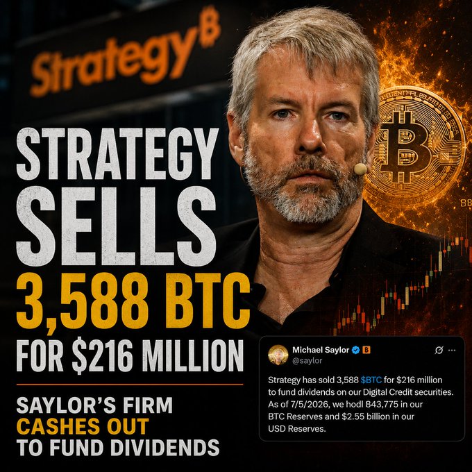 A YouTube-style thumbnail featuring Michael Saylor with text 'STRATEGY SELLS 3,588 BTC FOR $216 MILLION - SAYLOR'S FIRM CASHES OUT TO FUND DIVIDENDS', including a tweet screenshot from @saylor dated 7/5/2026.