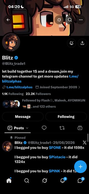 A Twitter/X profile page for Blitz (@Blitz.trade1) with a pinned post boasting about profitable token calls including $FONE (1598x), $Pistacio (1324x), and $PINK.