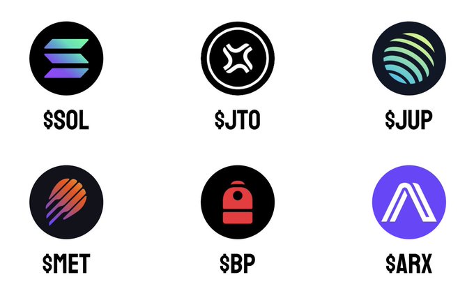 A grid displaying six cryptocurrency token logos and tickers—$SOL, $JTO, $JUP, $MET, $BP, and $ARX—representing the poster's Solana ecosystem holdings for the upcoming cycle.