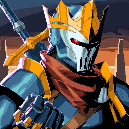 A pixel art illustration depicts a menacing armored warrior with a skull-like mask, glowing red eyes, golden horns, and a red scarf, carrying a weapon on its back against a desert backdrop—fitting the post's theme of seeking minting inspiration for a warrior or dark-fantasy NFT project.
