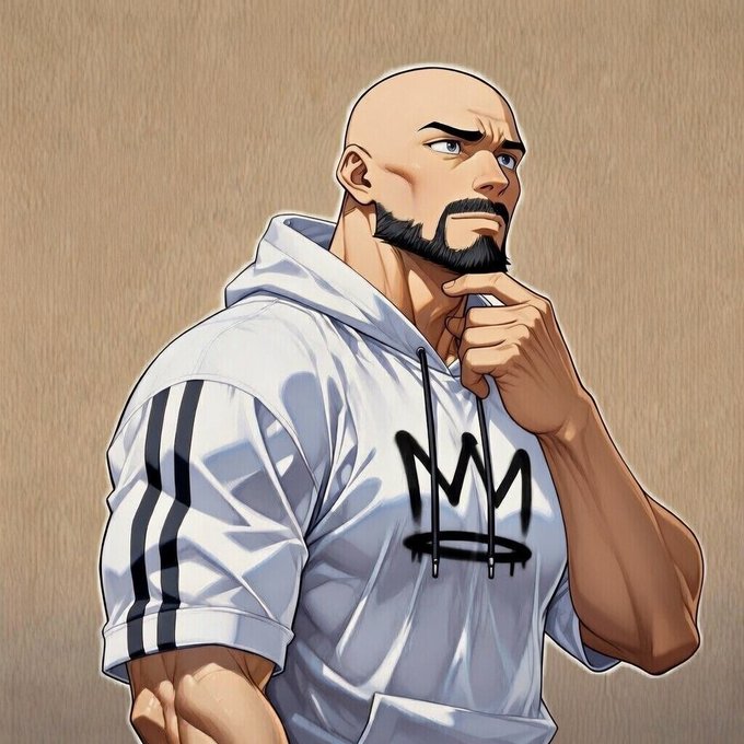 The image features an illustration of a bald man wearing a white hoodie with black stripes and a crown logo on his shirt. The man appears to be pondering something or lost in thought, as he has his hand up to his face. The background is a brown color that contrasts with the white hoodie and adds depth to the image. There are no other objects or texts present in the image, making it a simple yet engaging visual composition.