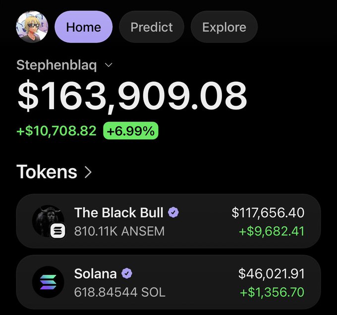 A screenshot of user Stephenblaq's crypto portfolio showing a balance of $163,909.08 (+6.99%), with the two main holdings being 810.11K ANSEM ($117,656.40) in "The Black Bull" and 618.84544 SOL ($46,021.91) on Solana. The image aligns with the post's hype around $ANSEM being a big day, highlighting significant gains on the token as a top portfolio position.