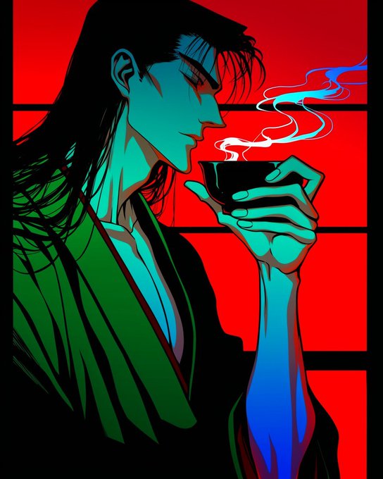 A stylized digital illustration of a long-haired figure in a green robe drinking from a small dark cup, with steam rising against a vibrant red background with black window frames.