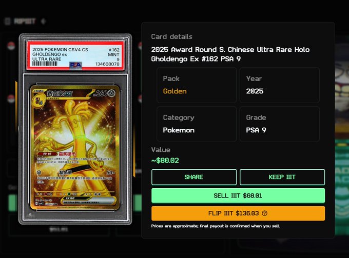 Screenshot of a graded Pokemon card marketplace showing a 2025 Award Round S. Chinese Ultra Rare Holo Gholdengo Ex #162 PSA 9 card valued at approximately $80.02, with options to sell or flip.