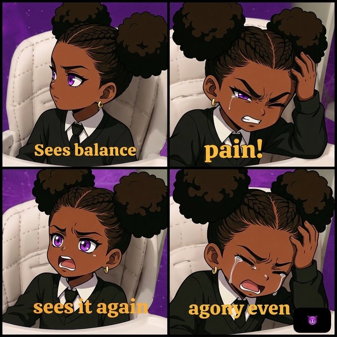 A four-panel comic meme features a character with afro puffs showing escalating distress, with the captions "sees balance," "pain!", "sees it again," and "agony even."