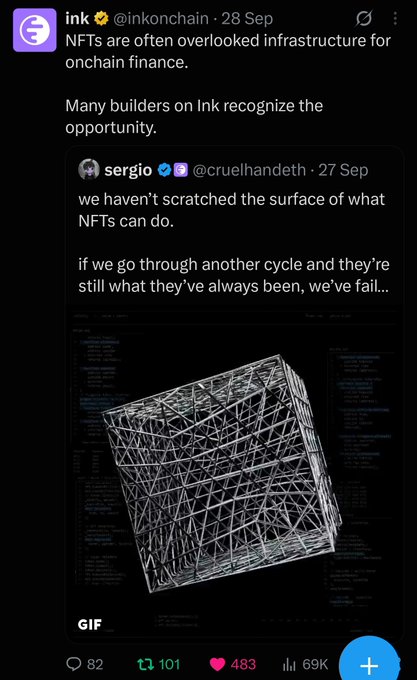 A screenshot of an X post by @inkonchain discussing NFTs as overlooked infrastructure, quoting @cruelhandeth's tweet with a rotating 3D wireframe cube GIF that has 483 likes and 69K views.