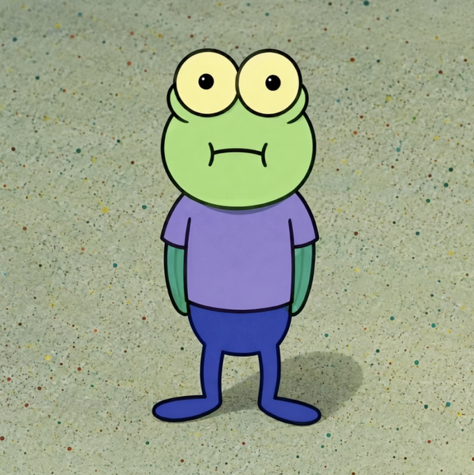 The image shows Hoopla the green toad, a cartoon character with large yellow eyes, wearing a purple shirt and blue pants, standing on a speckled tan surface. This matches the meme reference in the post calling for the launch of the meme coin $HOOPLA based on this widely popular character from X.