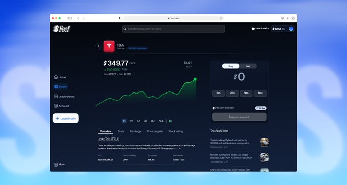 A preview of what appears to be the "Reel" trading platform interface, displayed in a Safari browser window, showing Tesla (TSLA) stock information with a price of $349.77 and options for purchasing shares. The dark-themed dashboard features a price chart, "Buy/Sell" toggle, and an overview tab, suggesting a clean and user-friendly design that aligns with the "sneak peek" teaser.