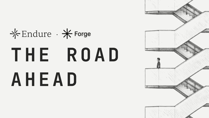 A minimalist black and white illustration showing 'Endure · Forge' above 'THE ROAD AHEAD' text, with a small figure on a staircase structure on the right side.