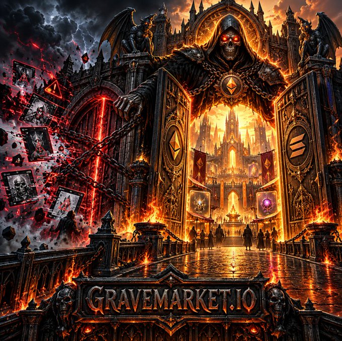 A dark fantasy digital artwork depicts a hooded skeletal figure with glowing red eyes holding chains at the gates of a fiery castle, with trading card-like images floating on the left and the text 'GRAVEMARKET.IO' displayed at the bottom.