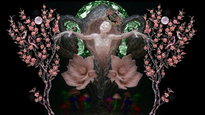 A surreal digital artwork depicting a figure with outstretched arms surrounded by pink cherry blossoms, glowing mushrooms, and floral motifs against a dark background.