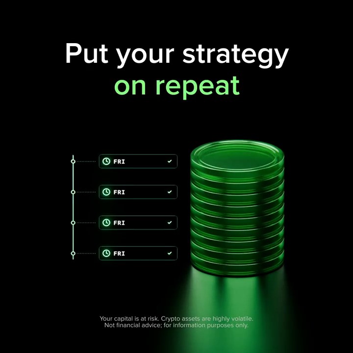 The image shows a promotional graphic with the headline "Put your strategy on repeat" against a black background, featuring four recurring "FRI" (Friday) scheduled transaction entries on a timeline next to a stack of glowing green coins, illustrating the post's message about automating crypto purchases on a set schedule rather than trying to time the market. A disclaimer at the bottom reads: "Your capital is at risk. Crypto assets are highly volatile. Not financial advice; for information purposes only."