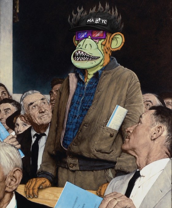 Pop art painting depicting a Bored Ape-style NFT character with a cap, sunglasses, and sharp teeth standing in a crowd of formally dressed people, parodying Norman Rockwell's style.