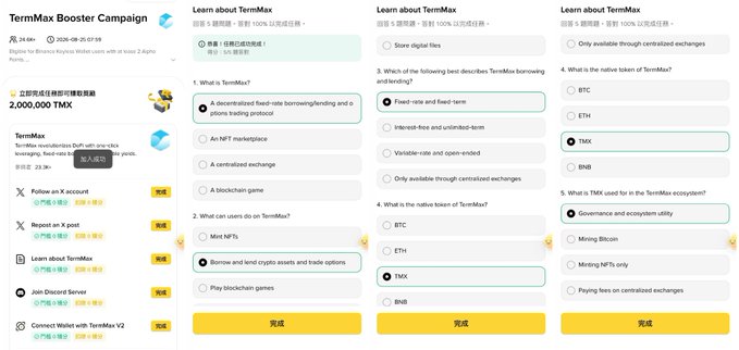 A screenshot of a 'TermMax Booster Campaign' quiz titled 'Learn about TermMax,' featuring 5 questions about the platform's decentralized fixed-rate borrowing/lending protocol, with 2,000,000 TMX as the reward pool.