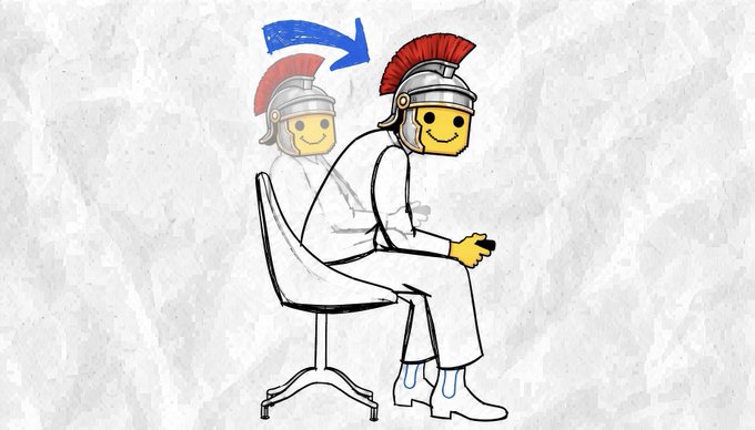 An illustration showing the 'stock photo man' meme sitting in a chair wearing a toga and Roman centurion helmet, with a faded version behind him and a blue arrow indicating the helmet was photoshopped onto him.