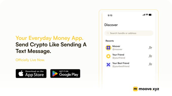 The image features an advertisement for a cryptocurrency wallet app called Moove. The main focus of the ad is a cell phone displaying the app's interface with a message that reads "Your Everyday Money App Send Crypt Like sending A Text Message. Officially Live Now". The background of the image shows a grey wall, and there are two small icons on it - one representing an apple logo and another symbolizing a keyboard.