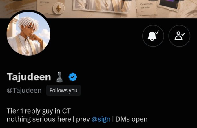 A Twitter/X profile page for 'Tajudeen' (@Tajudeen) with a verified checkmark, bio reading 'Tier 1 reply guy in CT, nothing serious here | prev @sign | DMs open', featuring an anime-style profile picture of a white-haired character.