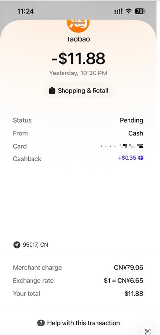 The image shows a smartphone screen displaying information about the purchase of some items, including a listing for a product named "taoobao" that costs $11.88. The screen also displays the transaction details showing that there is an exchange rate of 6.65 for this payment and a cashback of 3% which amounts to $8.85. Additionally, there are other fees associated with this purchase at a total amount of $6.85.