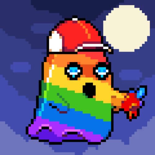 Pixel art of a yellow character with blue eyes wearing a red and white cap and a rainbow scarf, set against a night sky with a full moon.