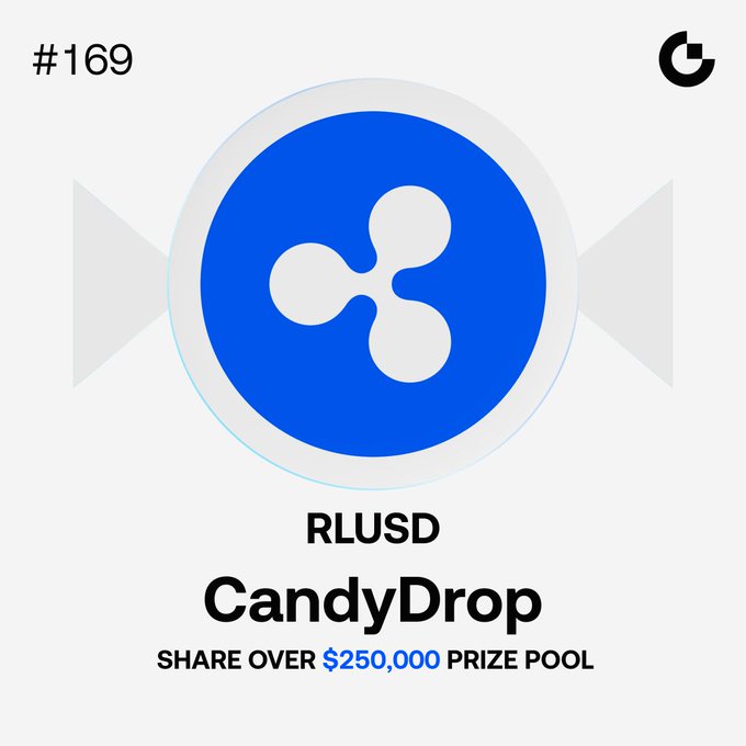This is a colorful advertisement that shows an image of blue candydrops on white background, which represents the concept of Candy Drop in the crypto world. The text "RLUSD" appears next to the candydrops. It also features text describing a $250,000+ prize pool for participating in Ripple Tasks related to cryptocurrency trading and referrals.